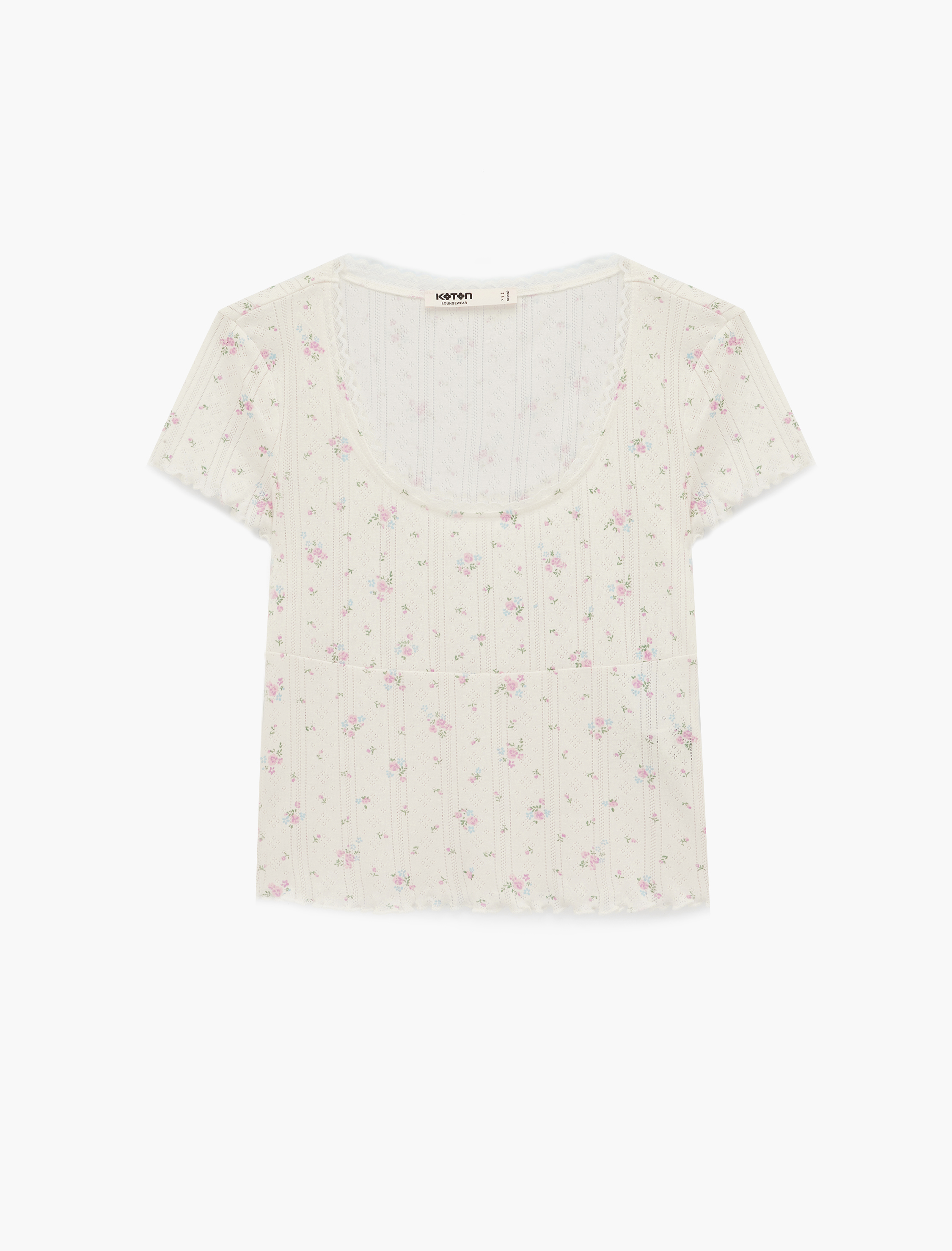   Pamuklu Yuvarlak Yaka Kısa Kollu Çiçek Desenli Pijama Üstü