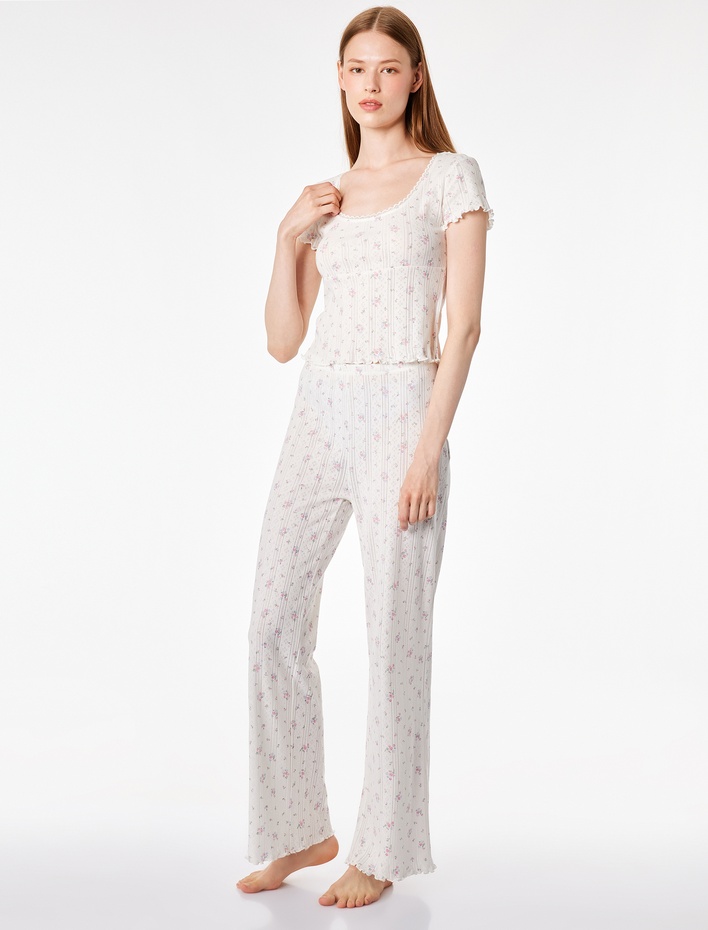  Pamuklu Slim Fit Çiçek Desenli Pijama Altı