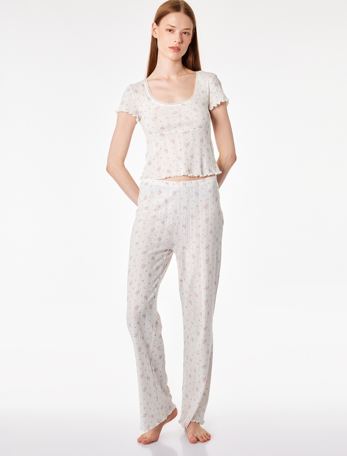  Pamuklu Slim Fit Çiçek Desenli Pijama Altı