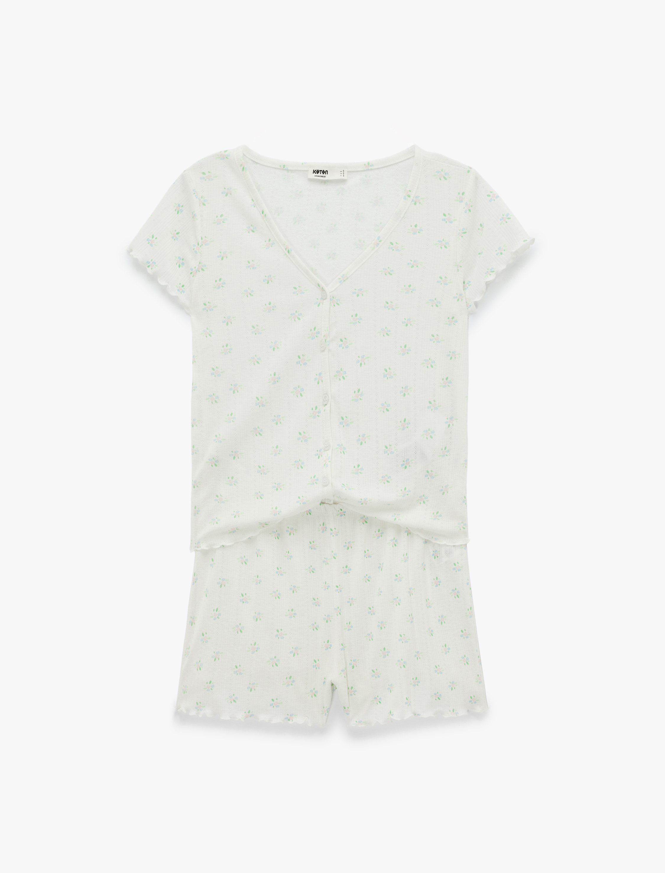   Düğmeli V Yaka Kısa Kollu Desenli Şortlu Pijama Takımı
