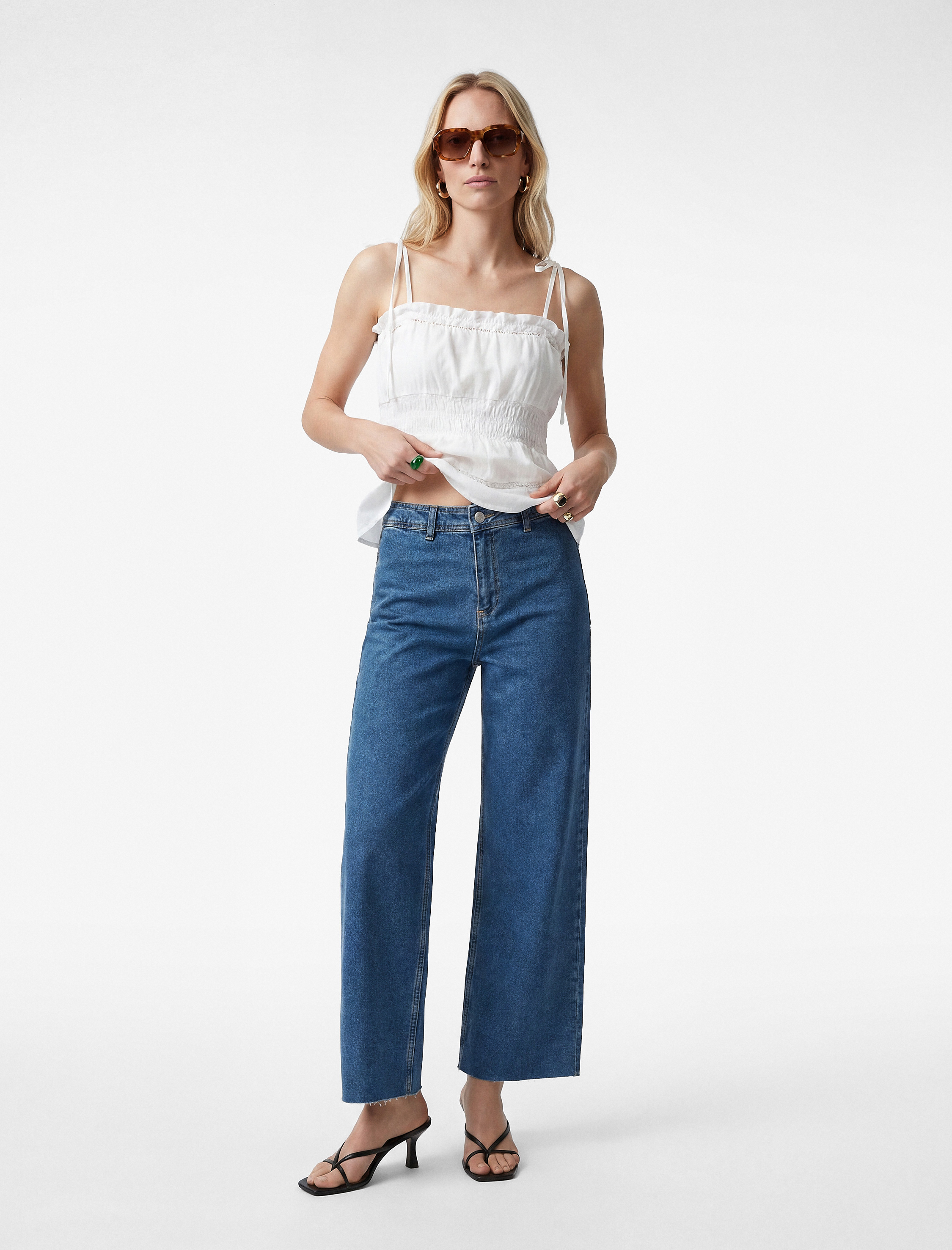   Pamuklu Yüksek Bel Kısa Geniş Paça Denim Pantolon - Culotte Jeans