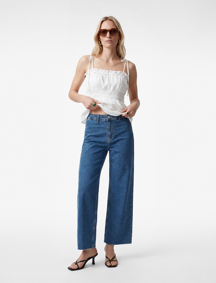  Pamuklu Yüksek Bel Kısa Geniş Paça Denim Pantolon - Culotte Jeans
