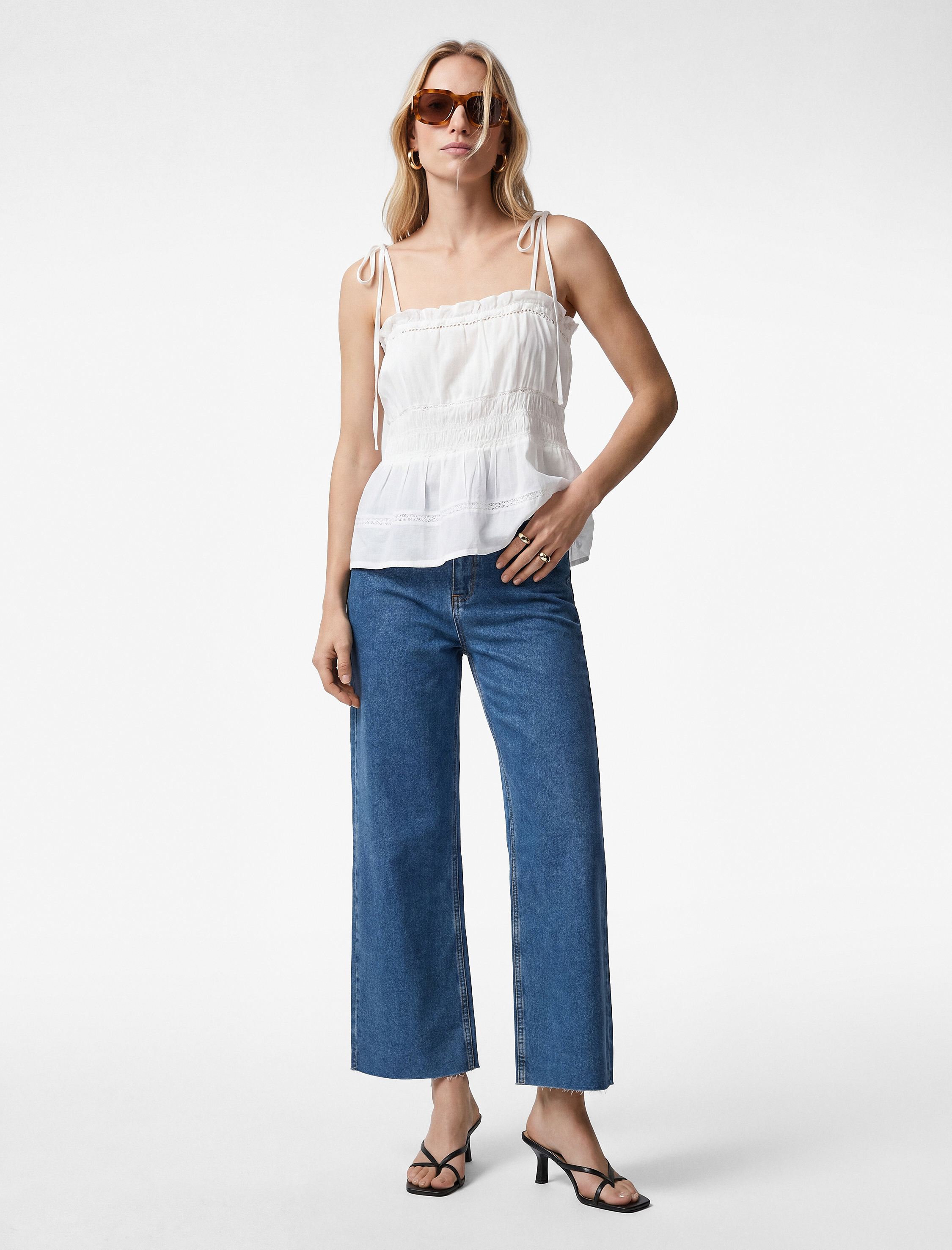  Pamuklu Yüksek Bel Kısa Geniş Paça Denim Pantolon - Culotte Jeans