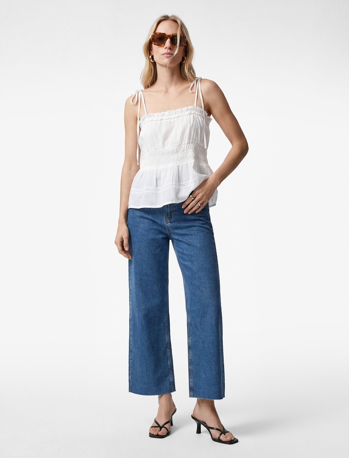  Pamuklu Yüksek Bel Kısa Geniş Paça Denim Pantolon - Culotte Jeans