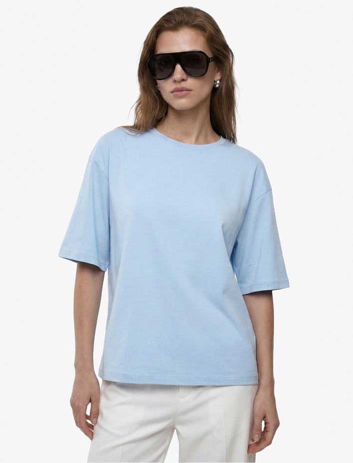  Pamuklu Kısa Kollu Bisiklet Yaka Oversize Basic Tişört
