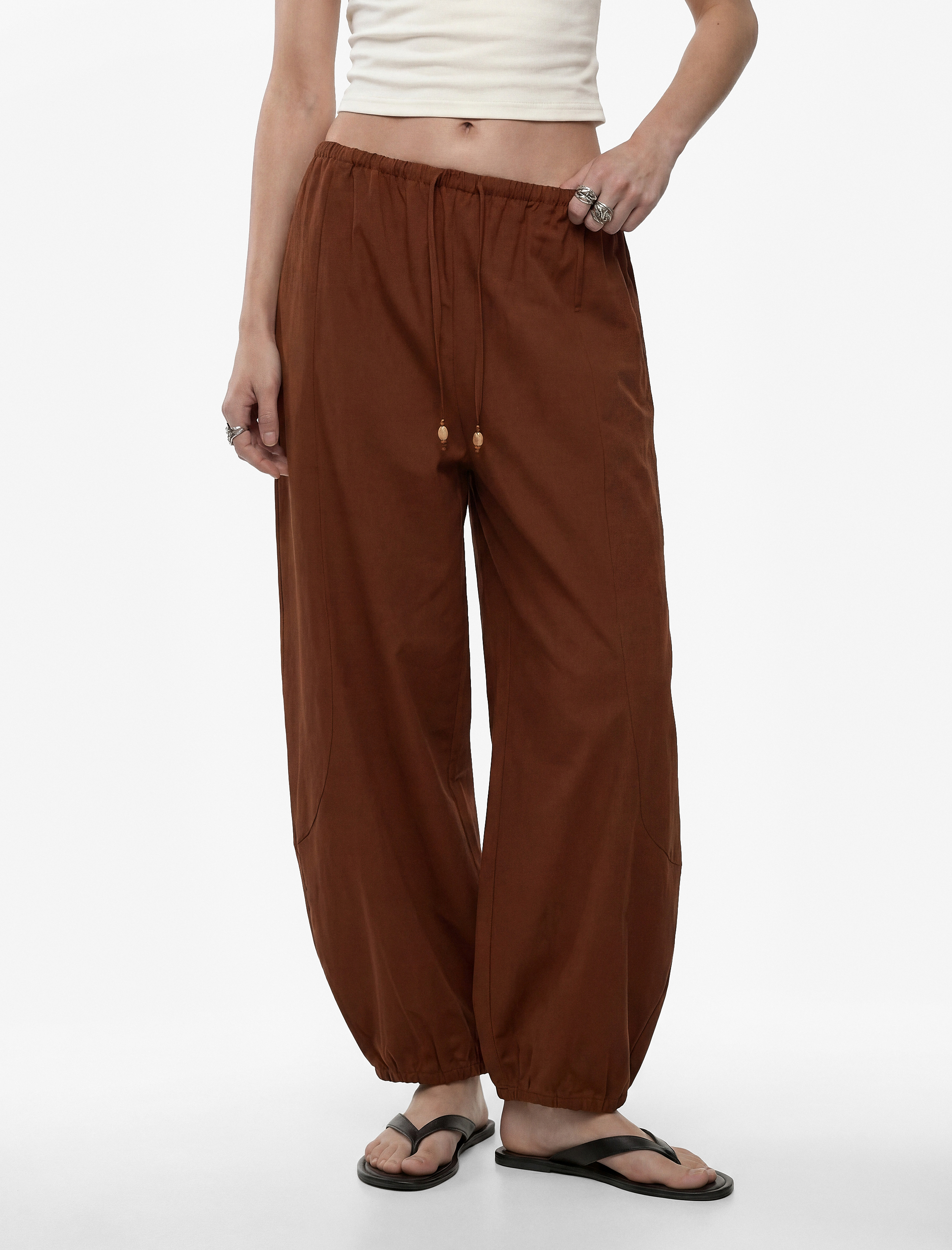   Modal Kumaş Beli Bağcıklı Balon Fit Cepli Şalvar Pantolon