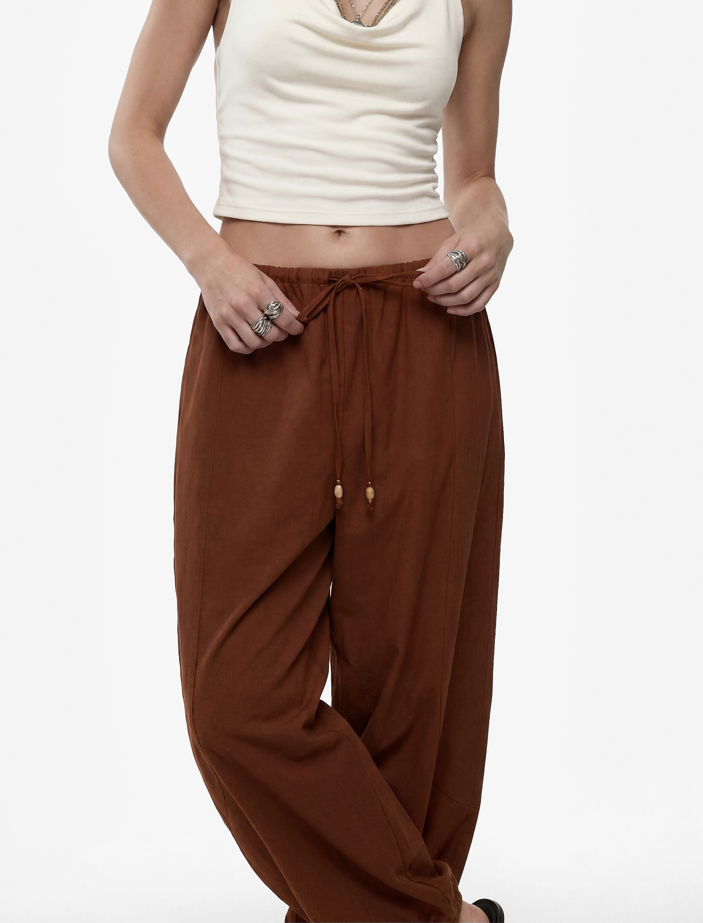   Modal Kumaş Beli Bağcıklı Balon Fit Cepli Şalvar Pantolon