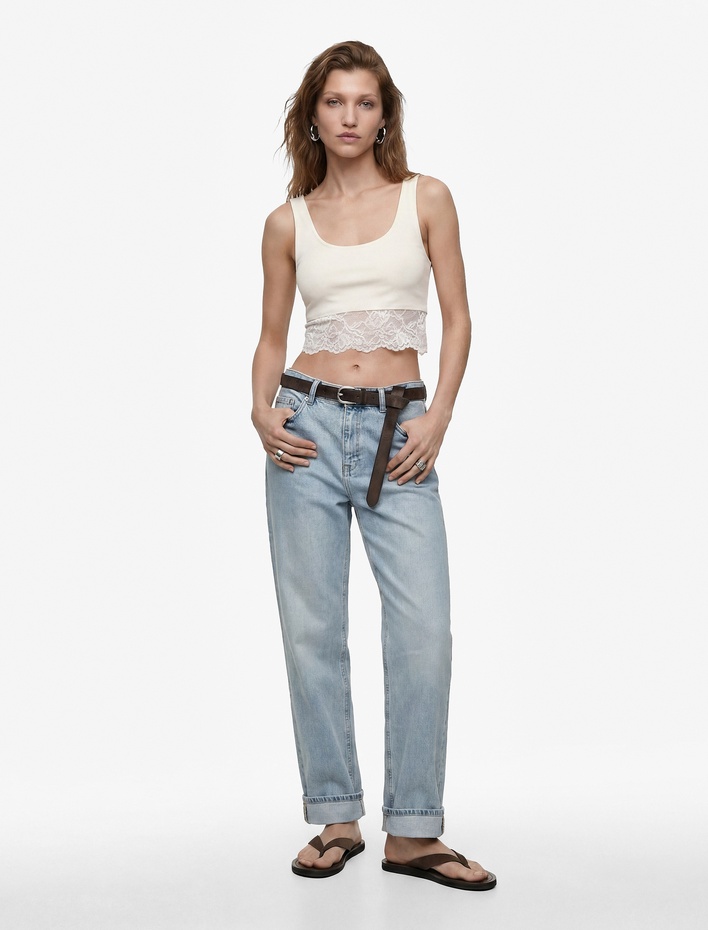  Pamuklu Slim Fit Dantel Detaylı Kalın Askılı Crop Bluz