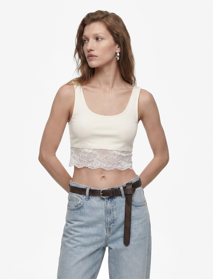  Pamuklu Slim Fit Dantel Detaylı Kalın Askılı Crop Bluz