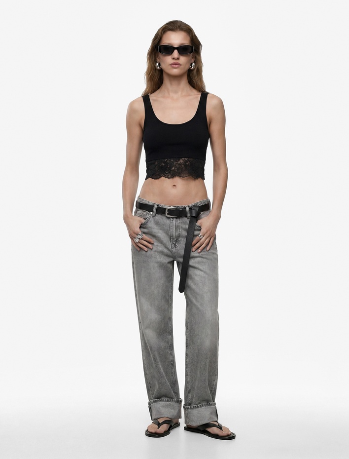 Pamuklu Slim Fit Dantel Detaylı Kalın Askılı Crop Bluz