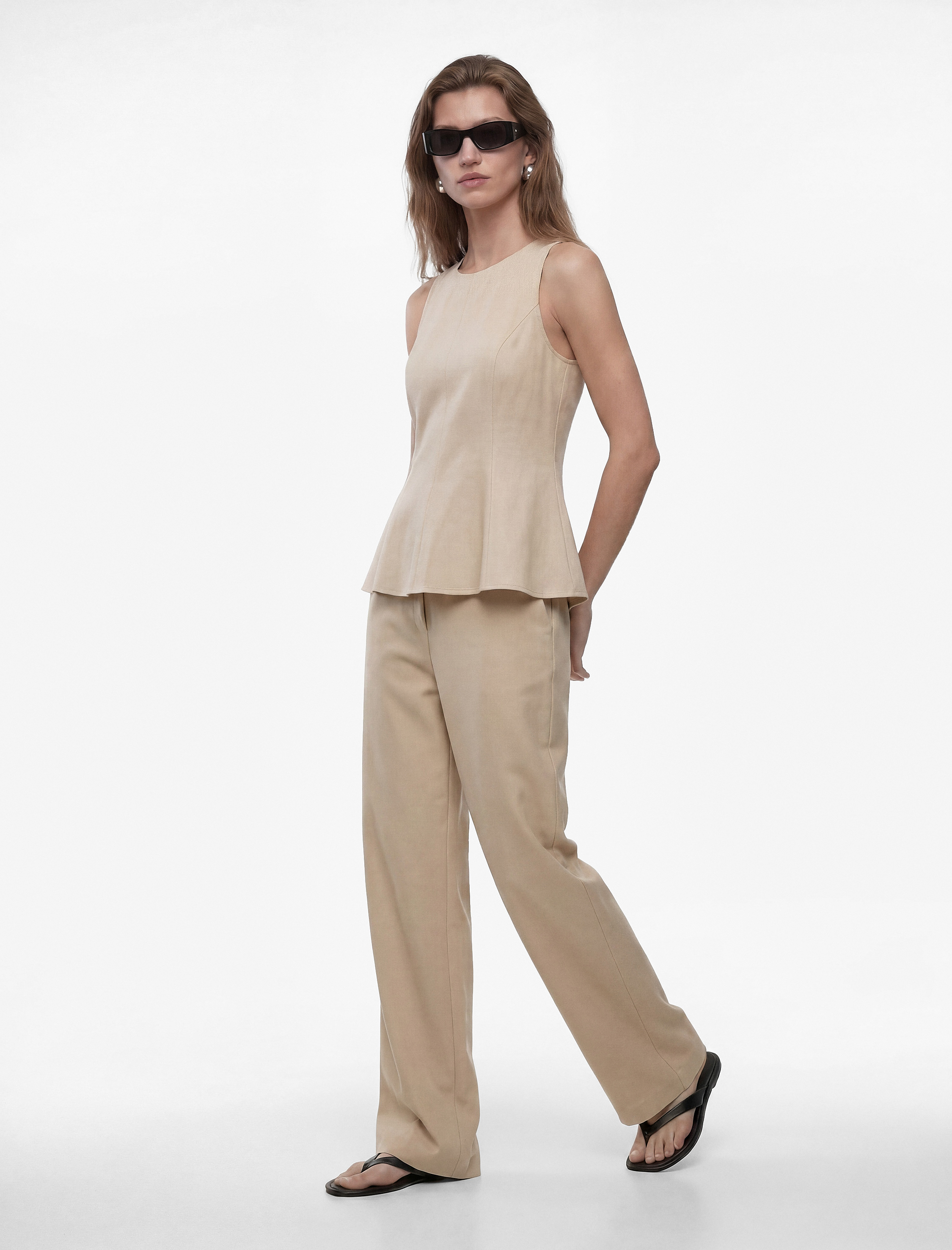   Straight Fit Cepli Düz Bol Paça Keten Pantolon