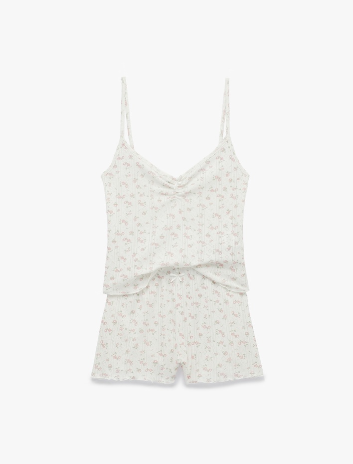  Pamuklu Desenli İnce Askılı Şortlu Pijama Takımı