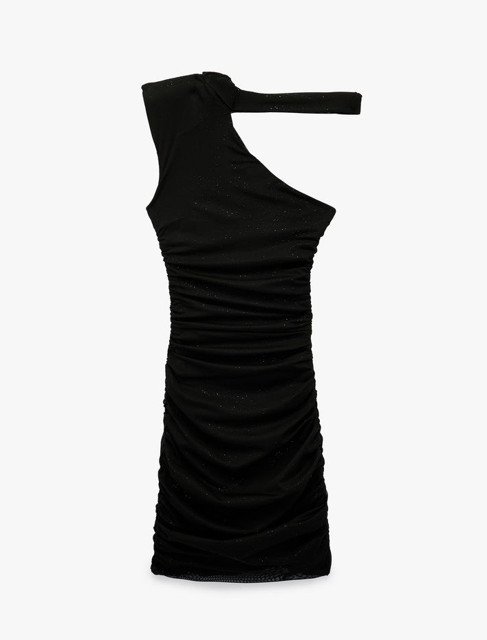  Tek Omuz Tül Detaylı Slim Fit Bodycon Mini Abiye Elbise