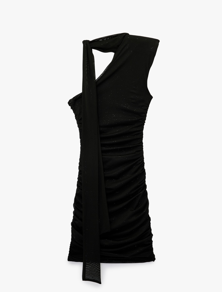  Tek Omuz Tül Detaylı Slim Fit Bodycon Mini Abiye Elbise