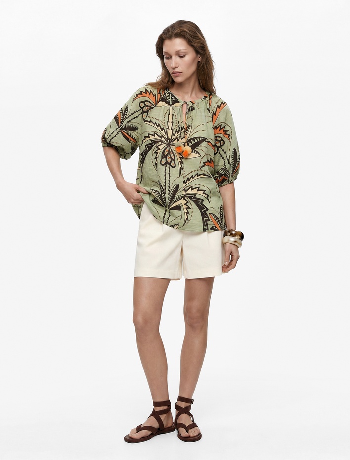  Viskon Bağcıklı Yuvarlak Yaka Karpuz Kollu Floral Oversize Bluz