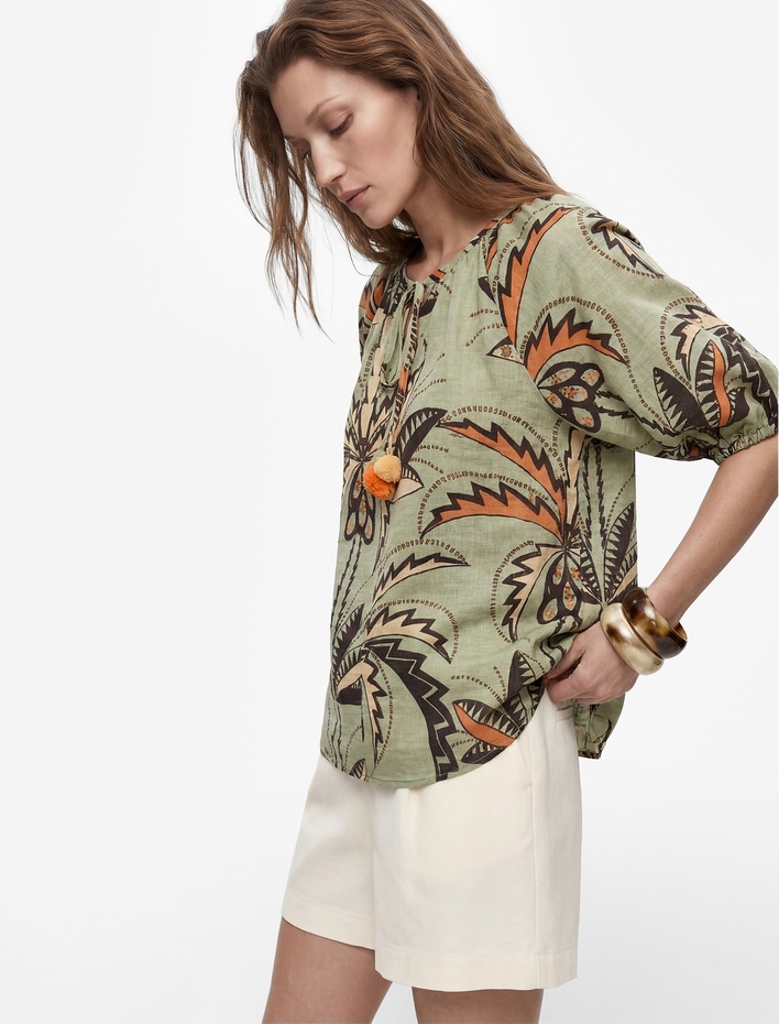  Viskon Bağcıklı Yuvarlak Yaka Karpuz Kollu Floral Oversize Bluz