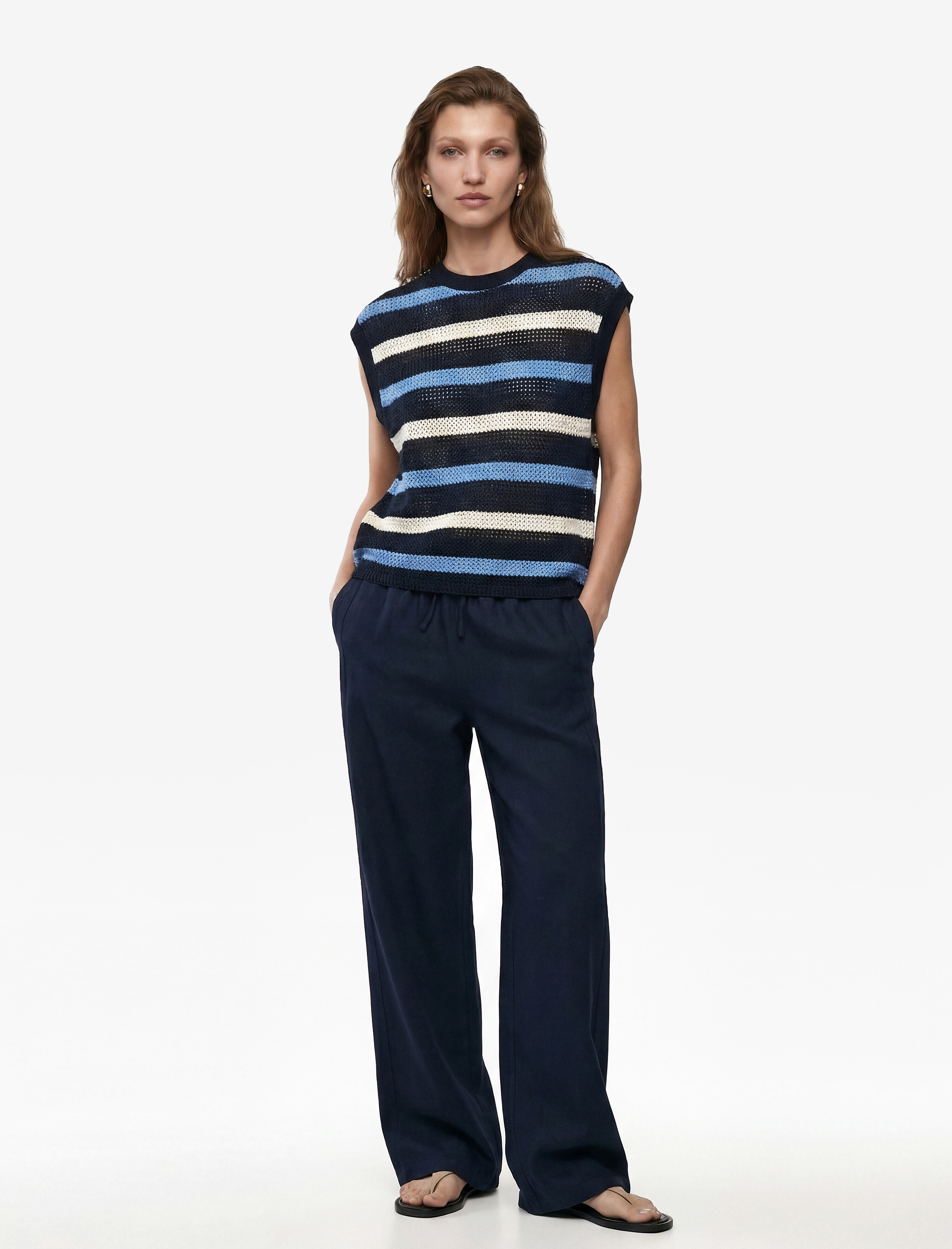   Keten Görünümlü Cepli Straight Fit Düz Paça Pantolon