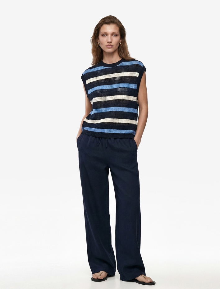 Keten Görünümlü Cepli Straight Fit Düz Paça Pantolon