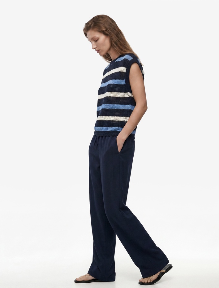  Keten Görünümlü Cepli Straight Fit Düz Paça Pantolon