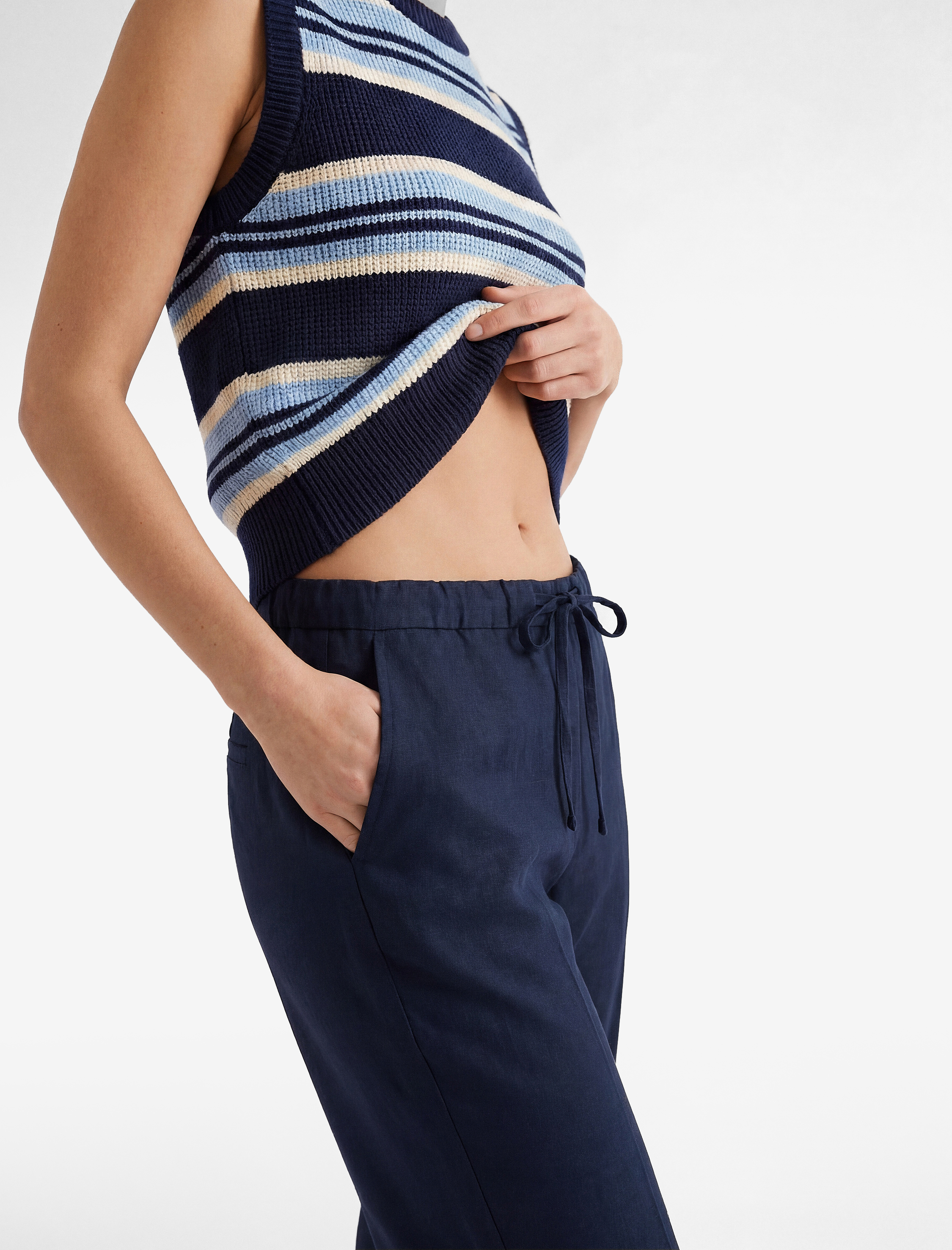   Keten Görünümlü Cepli Straight Fit Düz Paça Pantolon