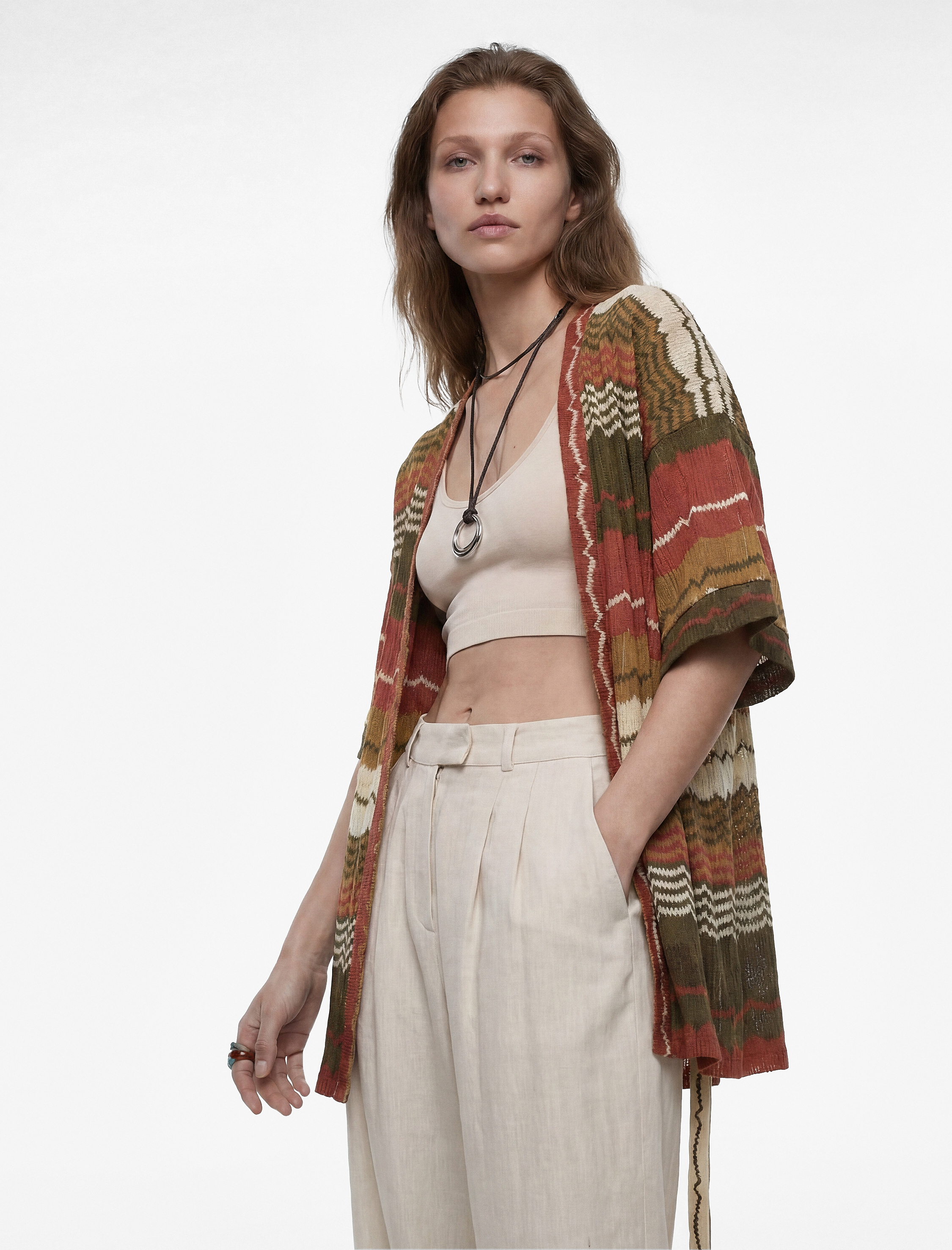   Kısa Kollu Kemerli Desenli Oversize Kimono