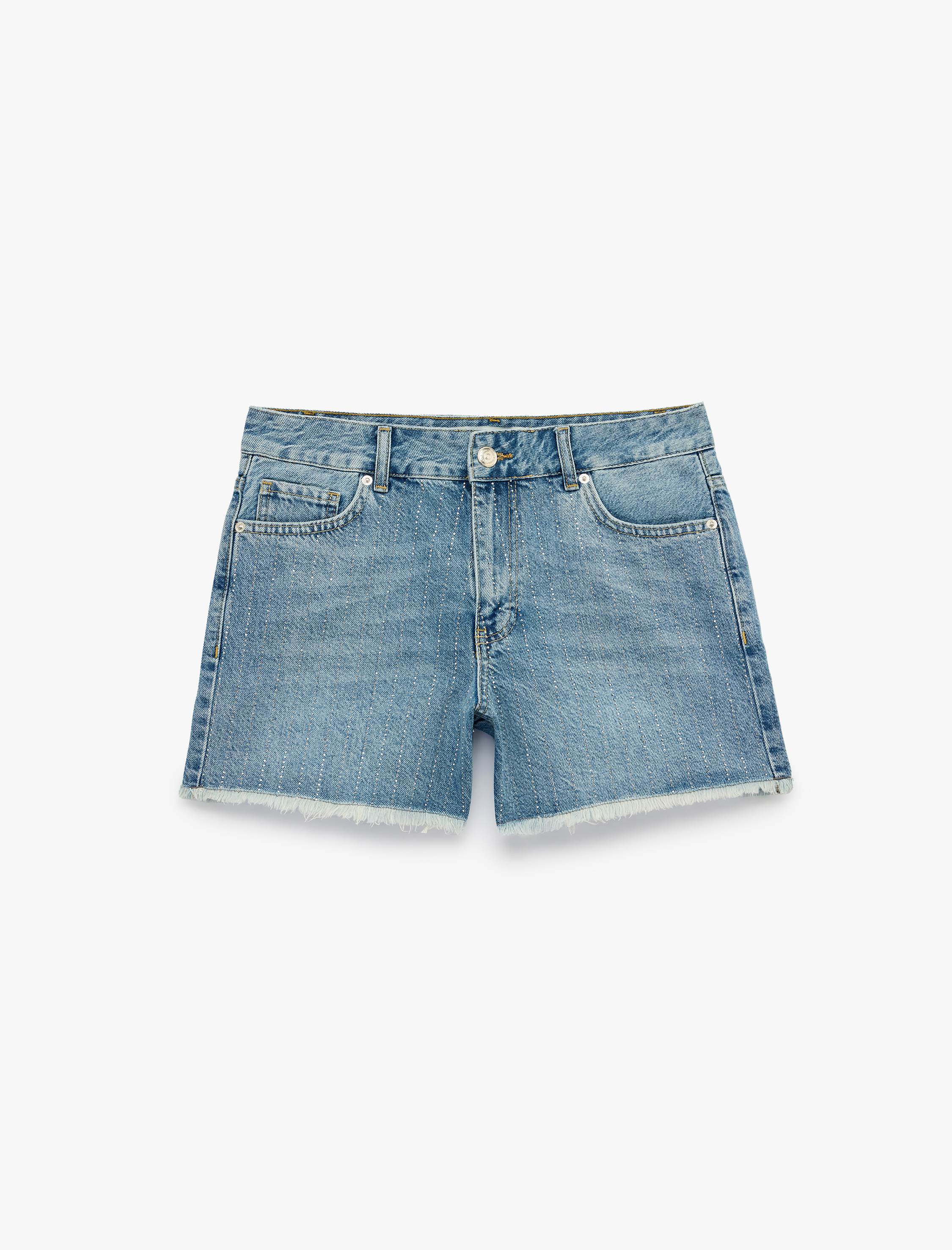   Pamuklu Yüksek Bel Taş Detaylı Mini Denim Şort