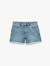 Pamuklu Yüksek Bel Taş Detaylı Mini Denim Şort
