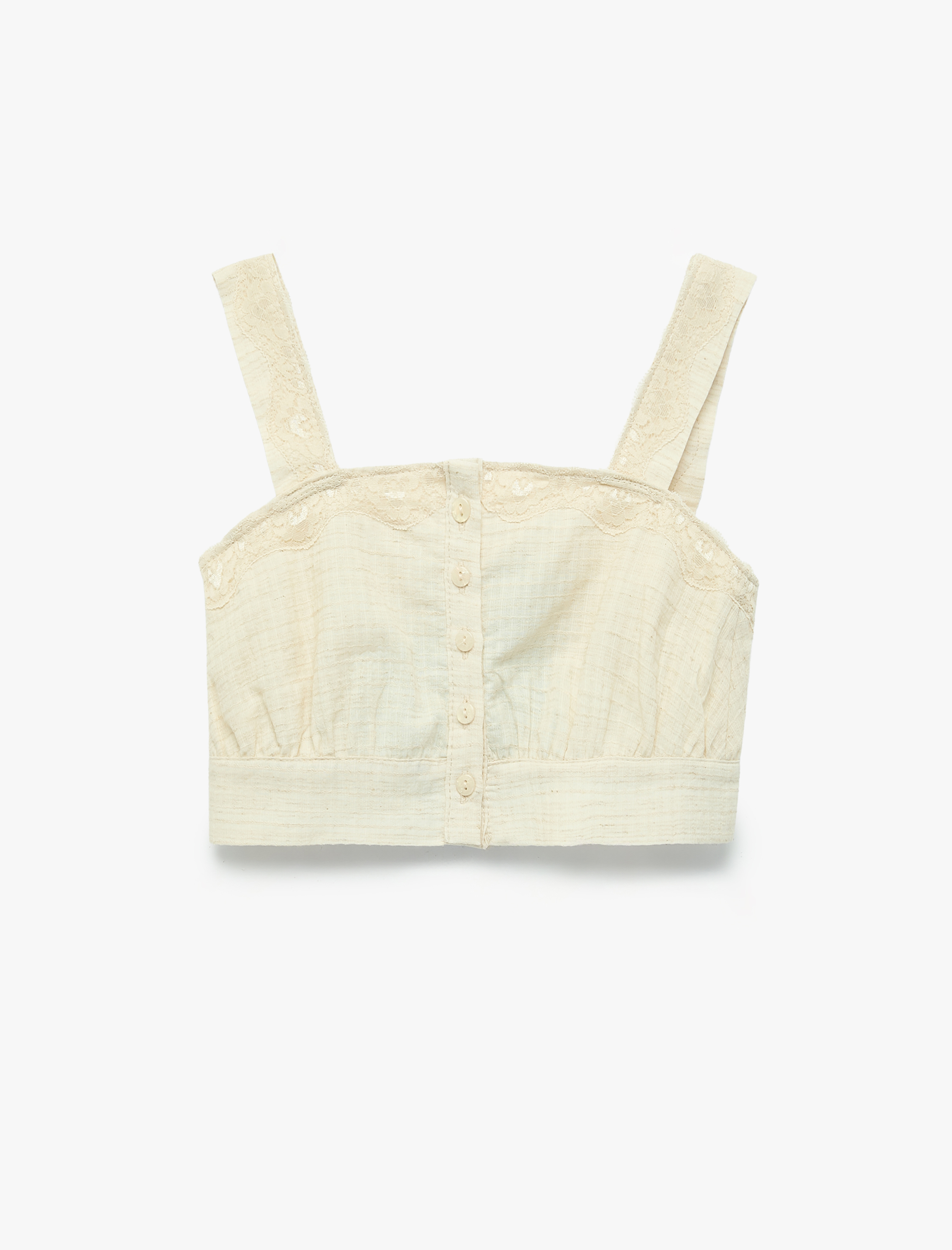  Kız Çocuk Pamuklu Düğmeli Kare Yaka Askılı Dantelli Crop Bluz