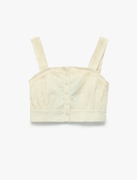 Pamuklu Düğmeli Kare Yaka Askılı Dantelli Crop Bluz