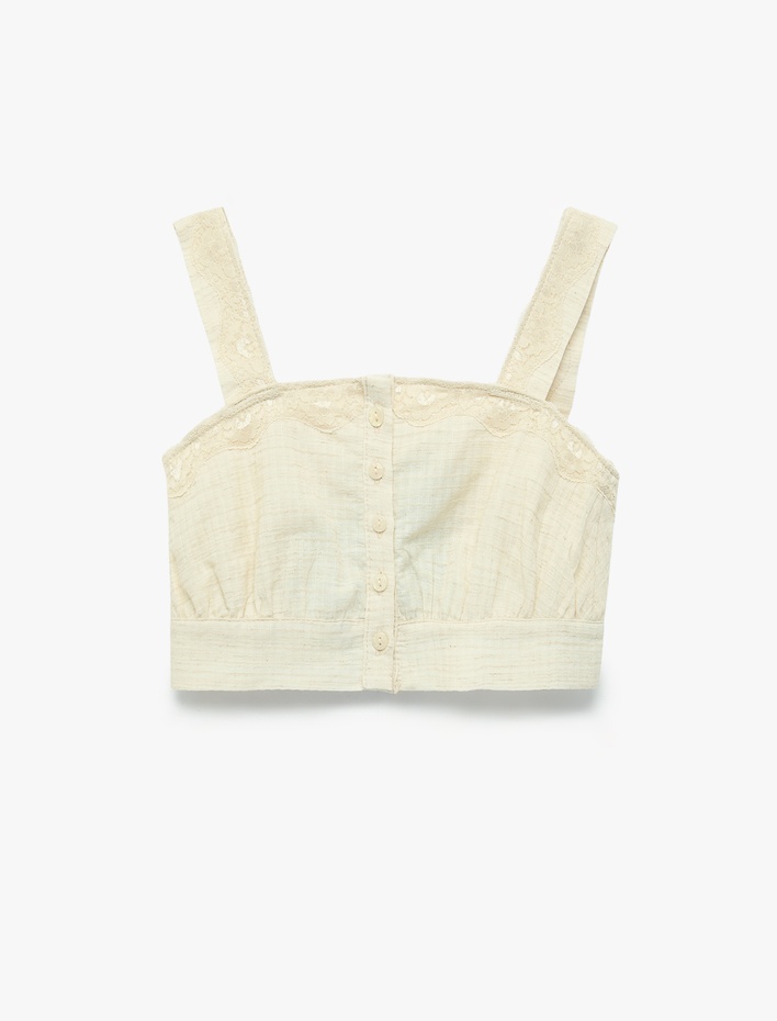 Kız Çocuk Pamuklu Düğmeli Kare Yaka Askılı Dantelli Crop Bluz