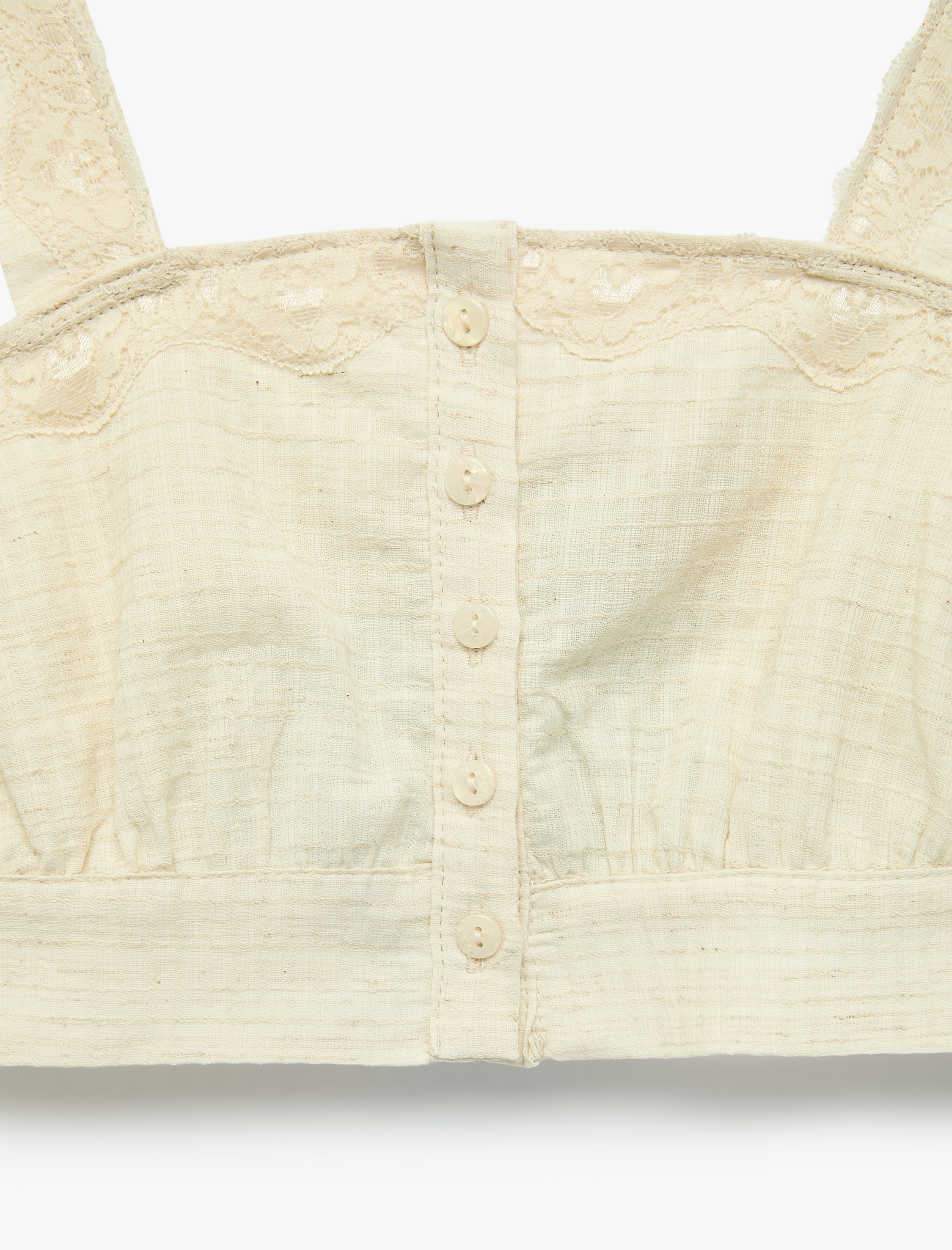  Kız Çocuk Pamuklu Düğmeli Kare Yaka Askılı Dantelli Crop Bluz