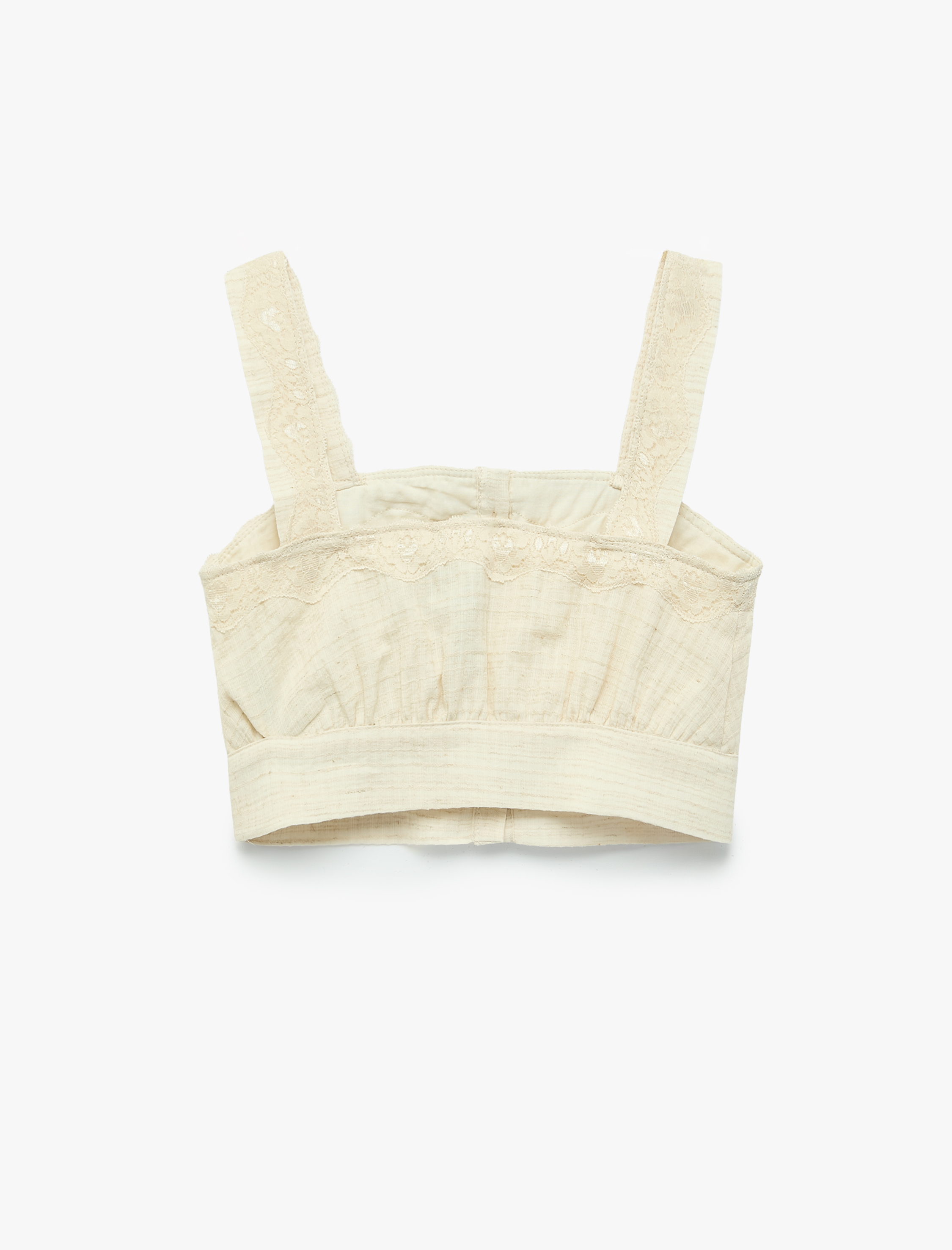  Kız Çocuk Pamuklu Düğmeli Kare Yaka Askılı Dantelli Crop Bluz