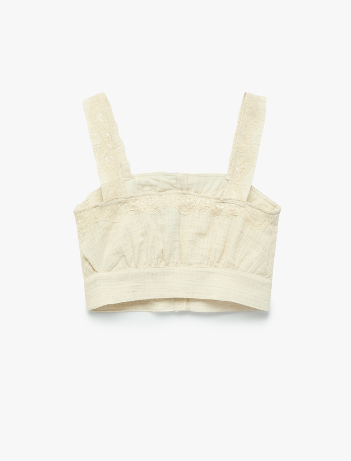 Kız Çocuk Pamuklu Düğmeli Kare Yaka Askılı Dantelli Crop Bluz