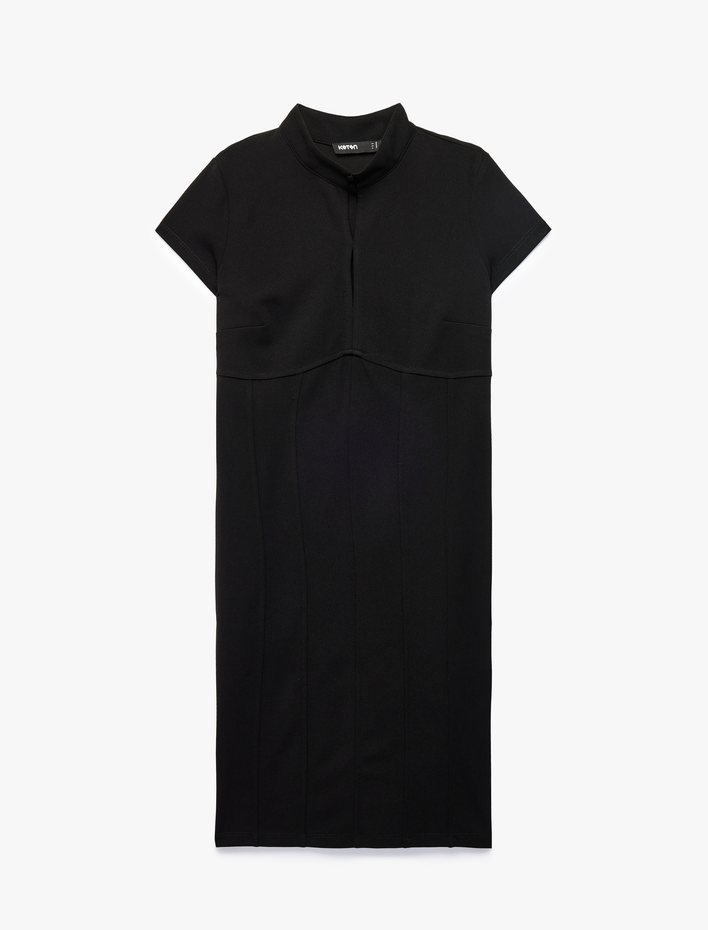   Krep Scuba Kumaş Slim Fit Dik Quipo Yaka Kısa Kollu Elbise