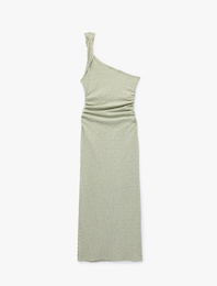 Bürümcük Kumaş Tek Omuz Kolsuz Slim Fit Drapeli Uzun Elbise