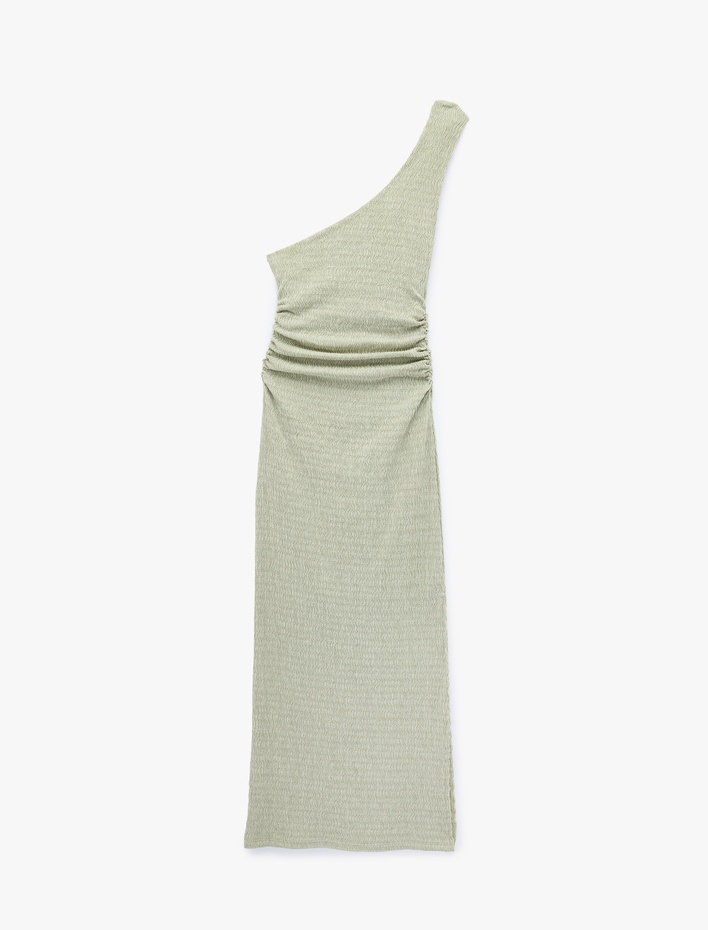  Bürümcük Kumaş Tek Omuz Kolsuz Slim Fit Drapeli Uzun Elbise
