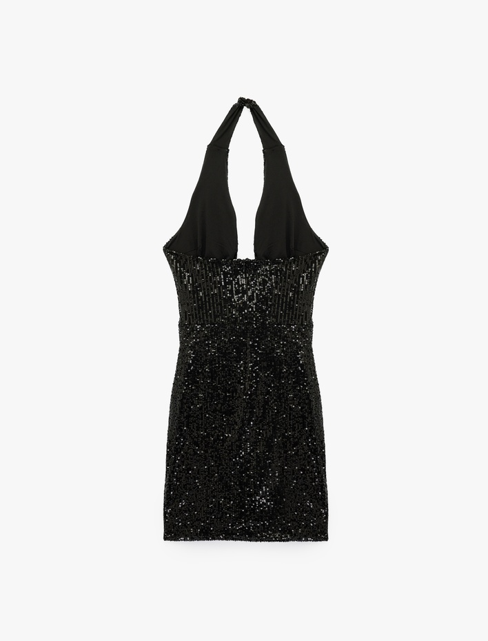  Pullu Payetli Slim Fit Degaje Yaka Kolsuz Mini Abiye Elbise