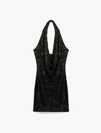Pullu Payetli Slim Fit Degaje Yaka Kolsuz Mini Abiye Elbise