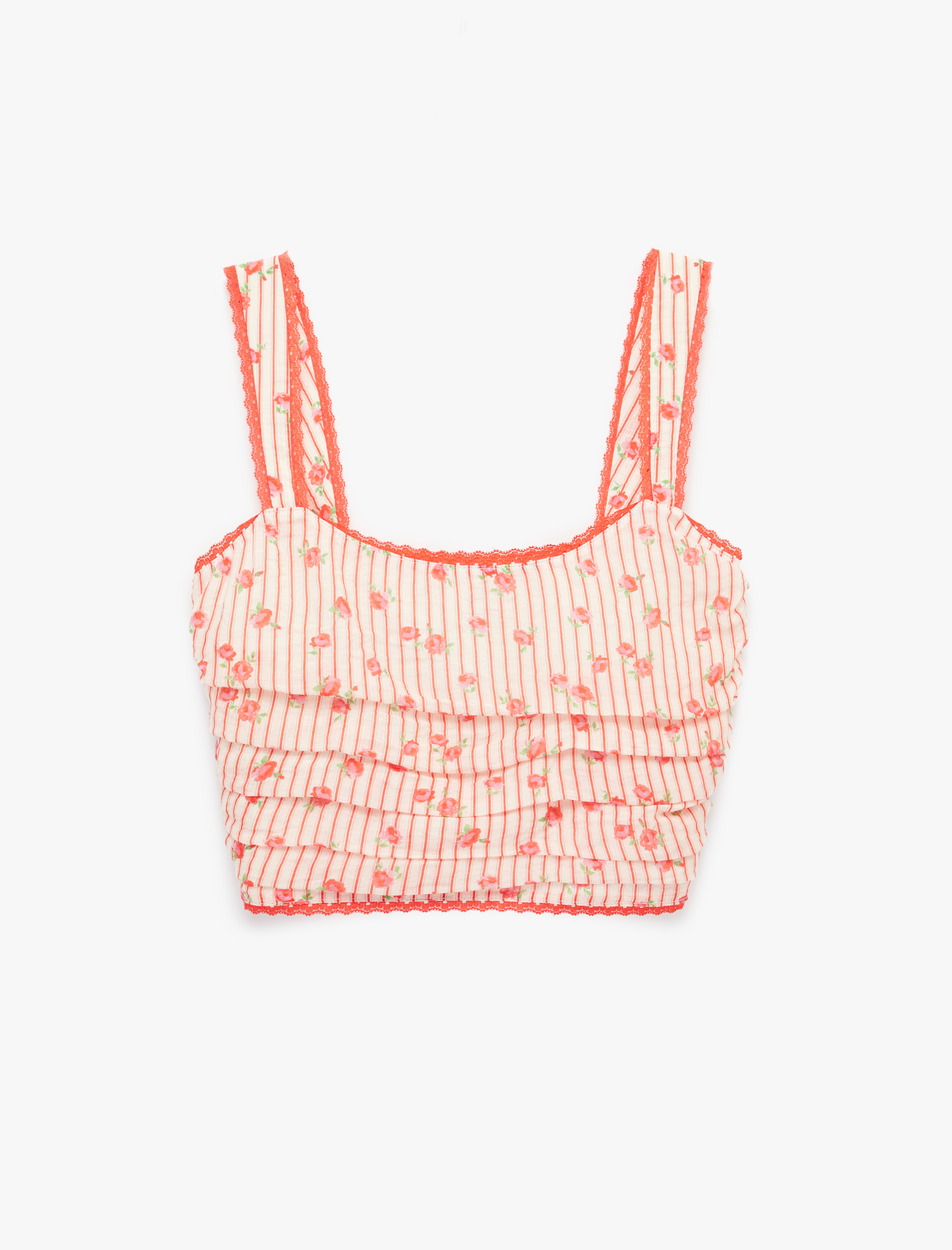   Slim Fit Dantel Detaylı Kare Yaka Askılı Çizgili Çiçekli Crop Büstiyer