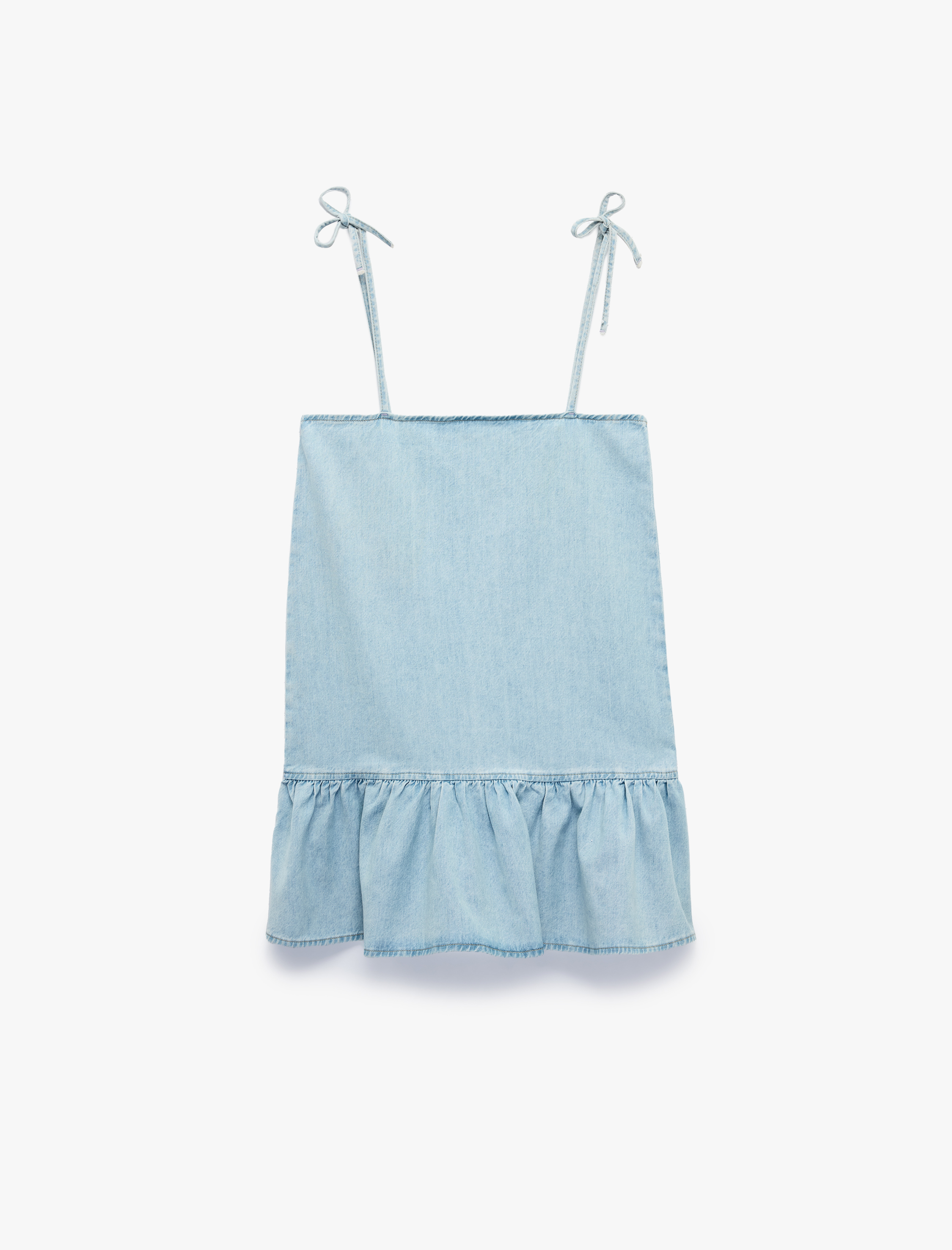   Pamuklu Fiyonklu İp Askılı Kolsuz Volanlı Mini Denim Elbise