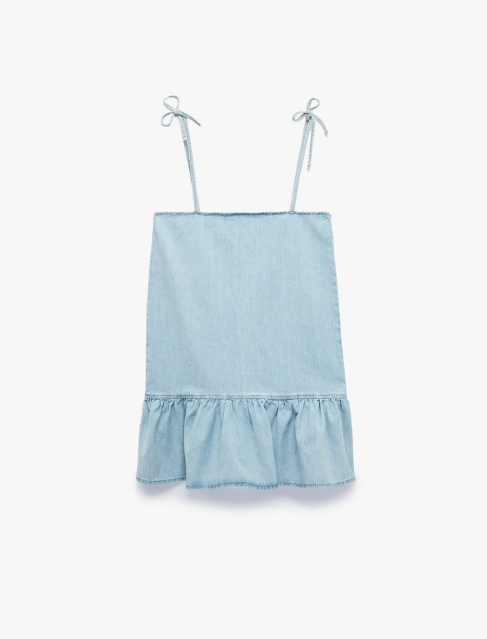  Pamuklu Fiyonklu İp Askılı Kolsuz Volanlı Mini Denim Elbise