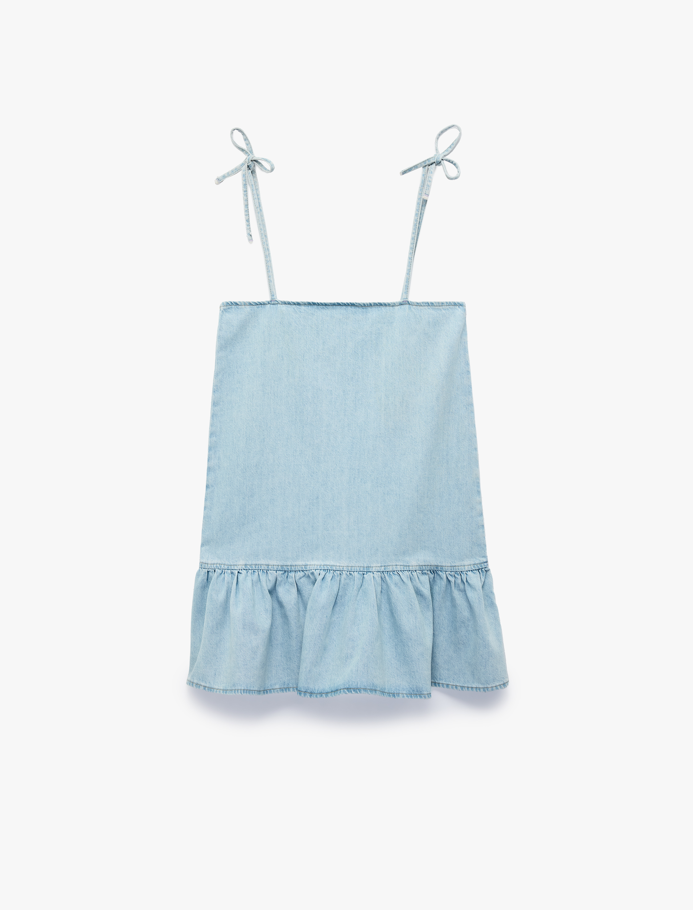   Pamuklu Fiyonklu İp Askılı Kolsuz Volanlı Mini Denim Elbise