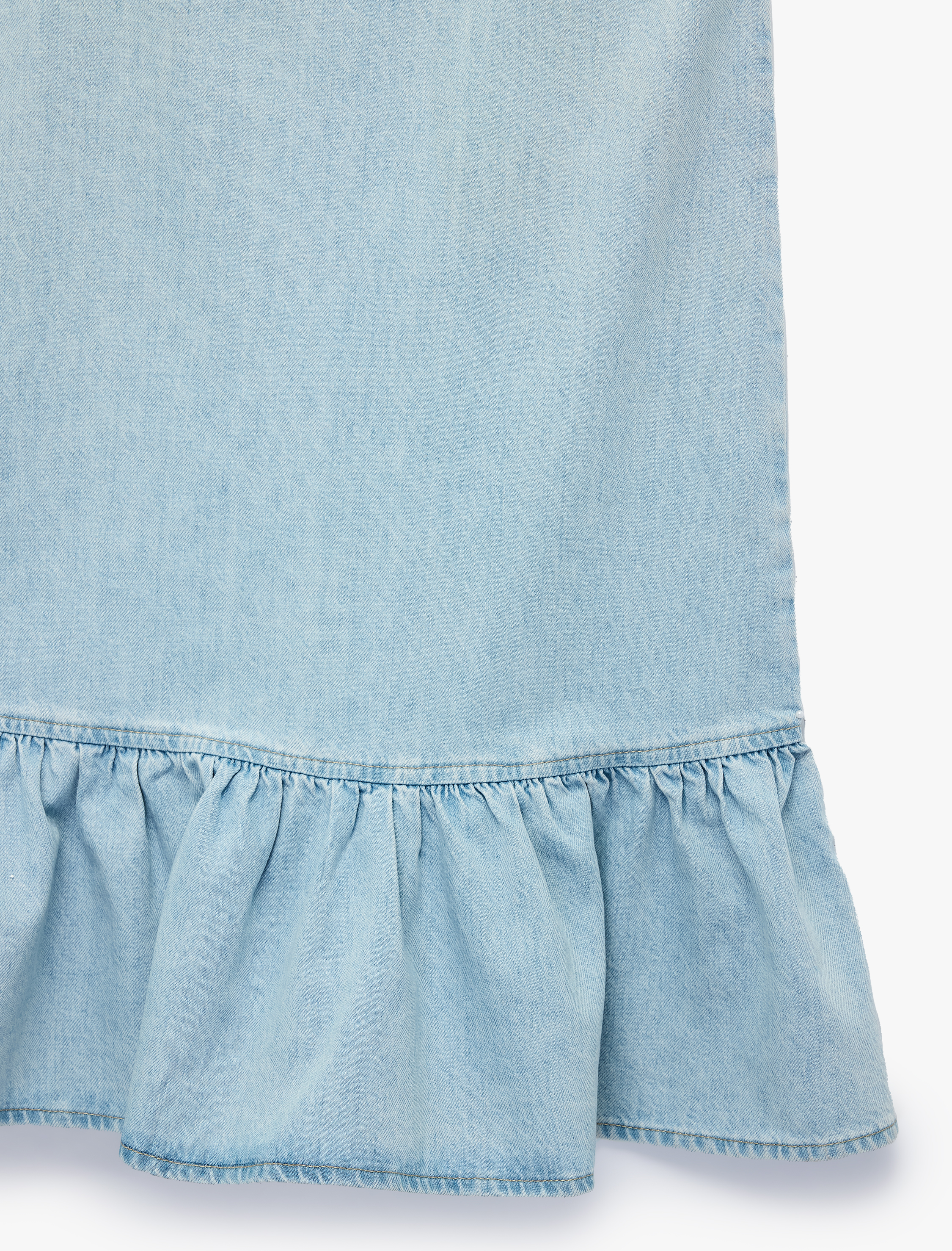   Pamuklu Fiyonklu İp Askılı Kolsuz Volanlı Mini Denim Elbise