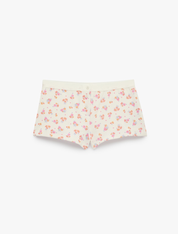  Rahat Kesim Düğmeli Çiçekli Şort Pijama Altı
