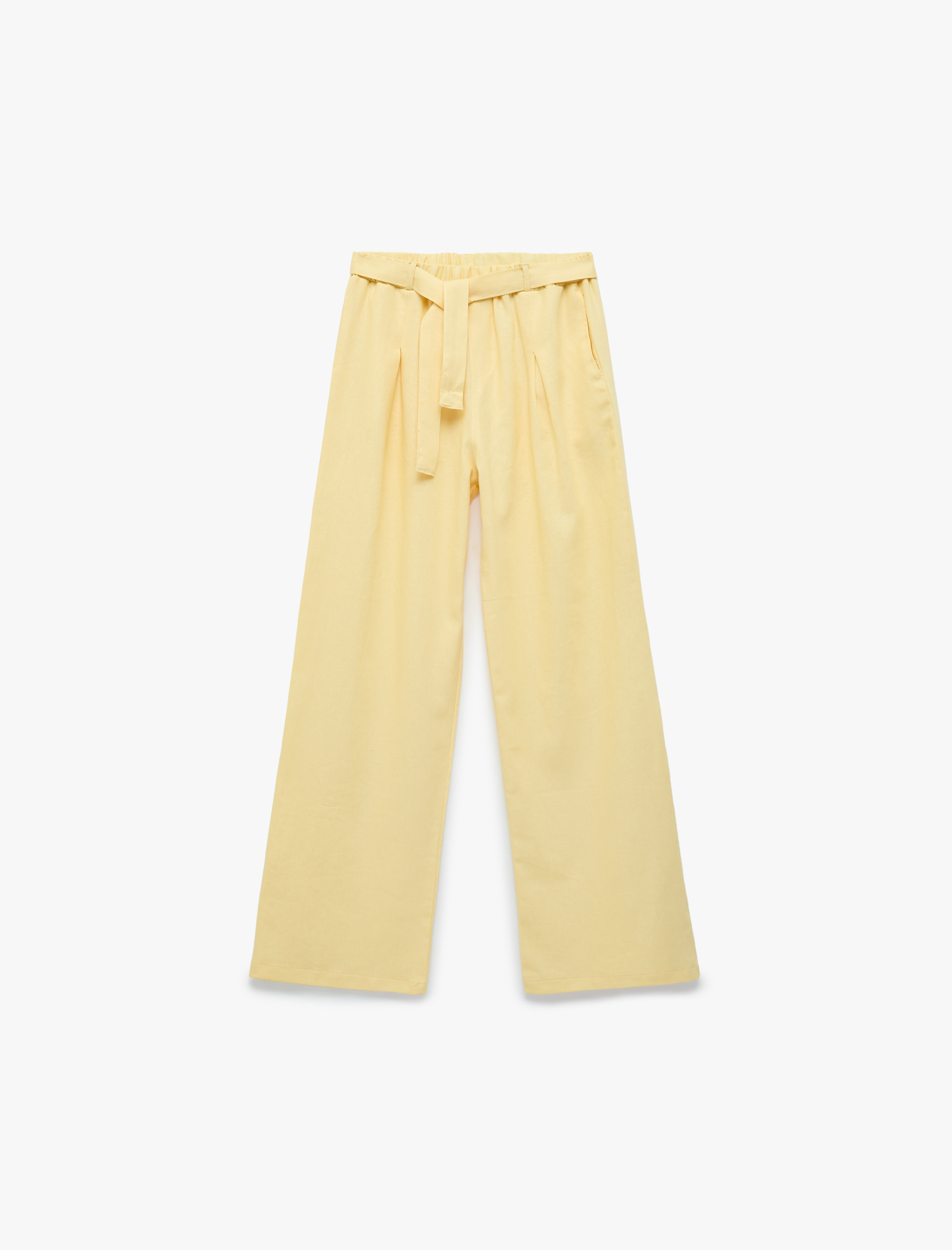 Kız Çocuk Beli Bağlamalı Keten ve Viskon Karışımlı Geniş Paça Pantolon