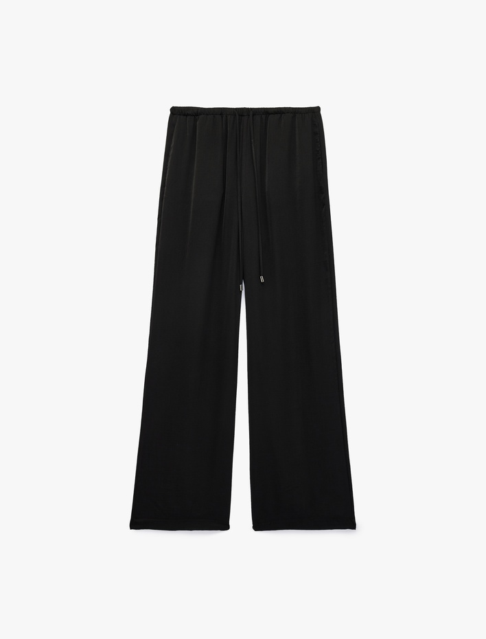 Aerobin Kumaş Straight Fit Cepli Düz Geniş Paça Saten Pantolon