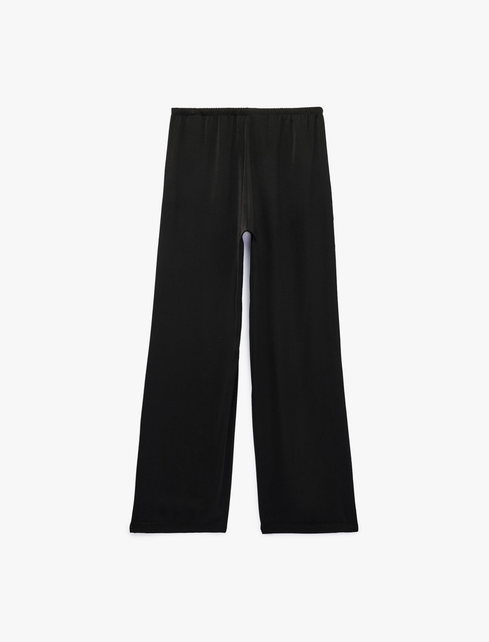  Aerobin Kumaş Straight Fit Cepli Düz Geniş Paça Saten Pantolon
