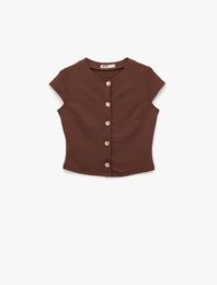 Slim Fit Bisiklet Yaka Kap Kol Düğmeli Bluz