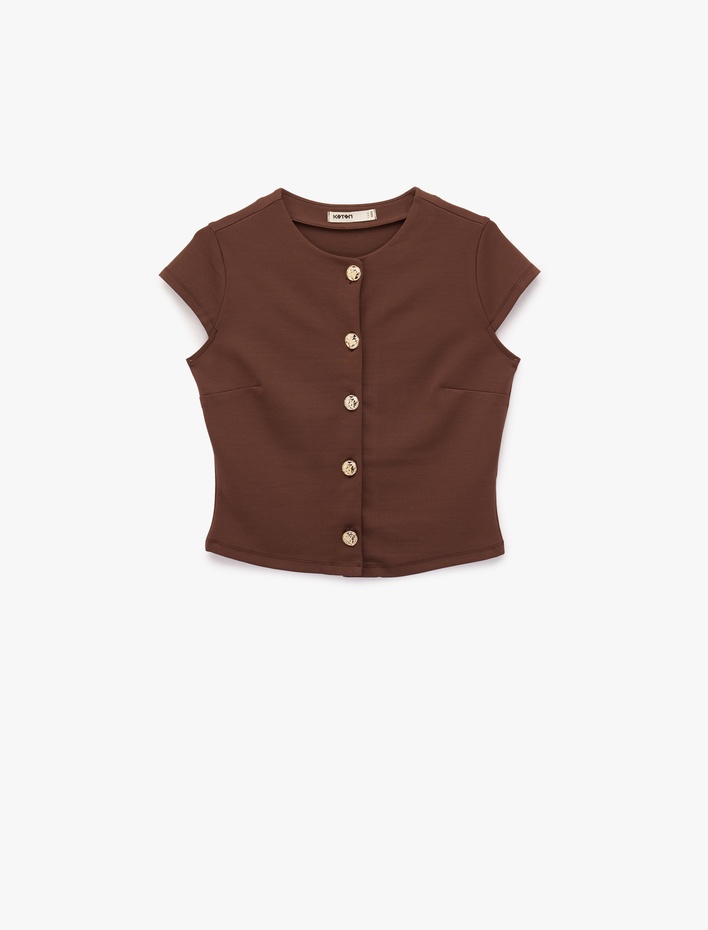  Slim Fit Bisiklet Yaka Kap Kol Düğmeli Bluz