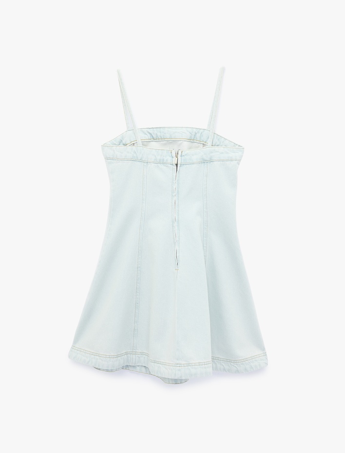  İp Askılı A Kesim Kare Yaka Kolsuz Mini Denim Elbise